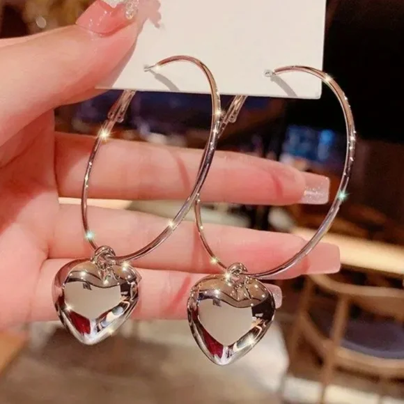 Silver Heart Hoop Earrings - Picture 3 of 3